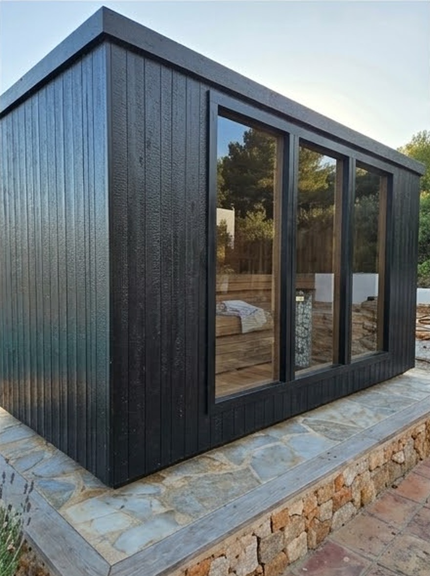 Dark timber cabin exterior