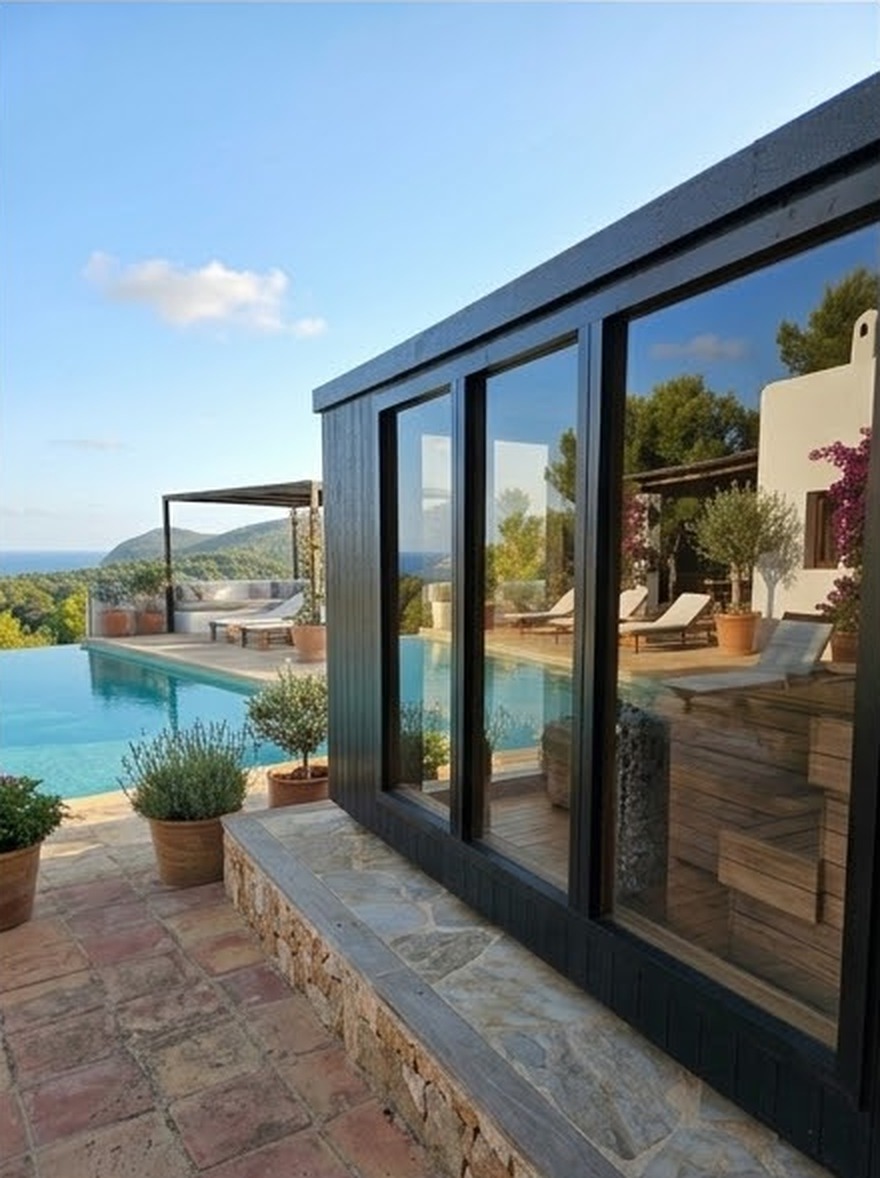 Poolside glass sauna
