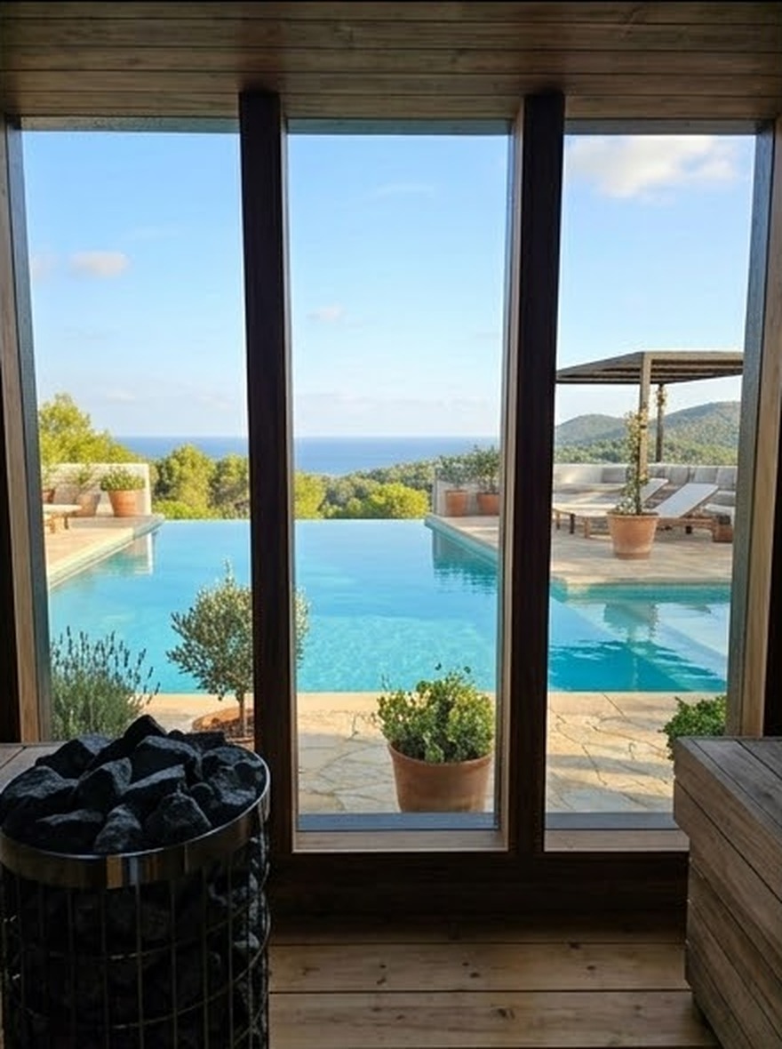Sauna with a view towards the pool and sea