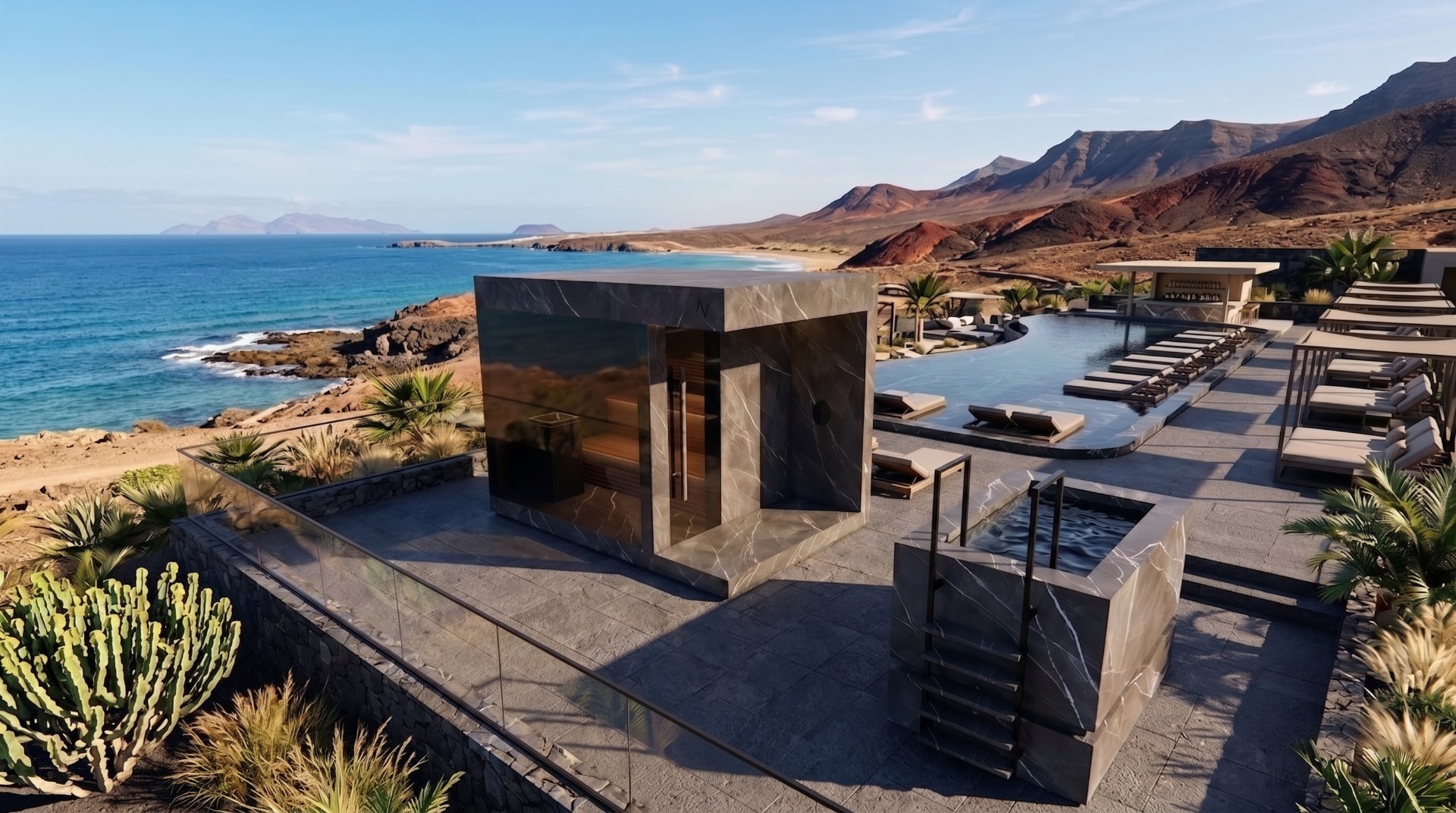 Calacatta Black junto a la piscina, sobre la costa